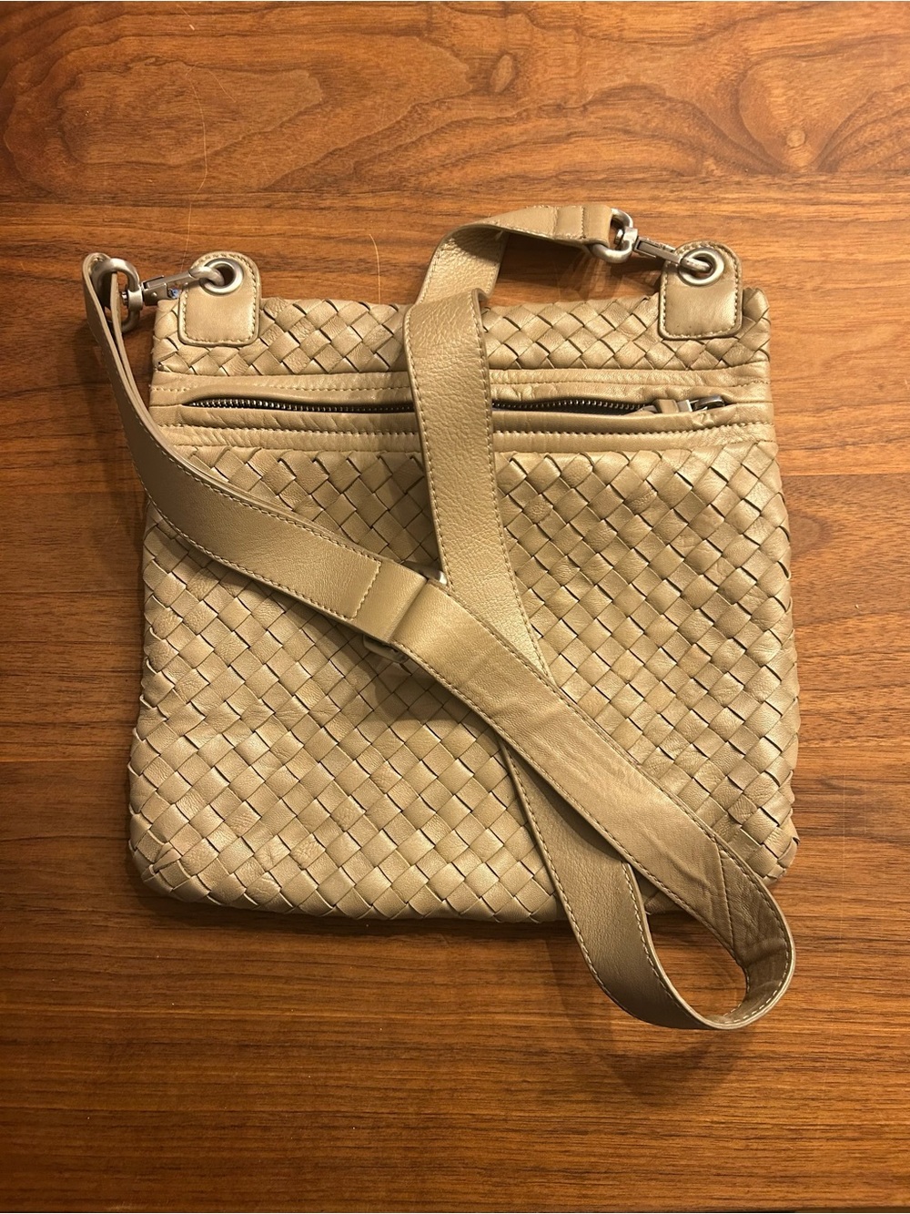 Woven Leather Crossbody Bag in Taupe